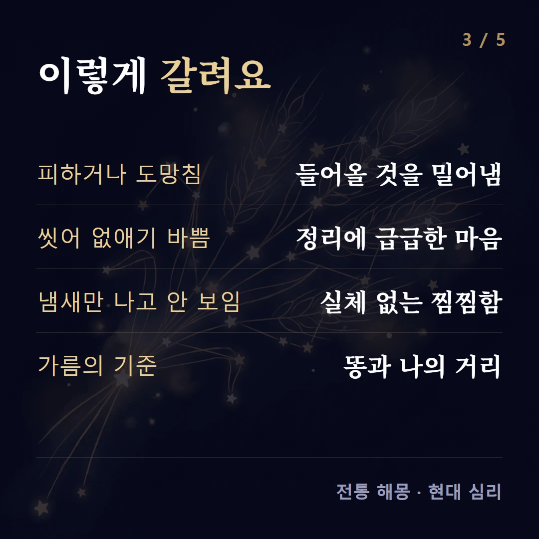 이렇게 갈려요 — 피하거나 도망침 들어올 것을 밀어냄, 씻어 없애기 바쁨 정리에 급급한 마음, 냄새만 나고 안 보임 실체 없는 찜찜함, 가름의 기준 똥과 나의 거리