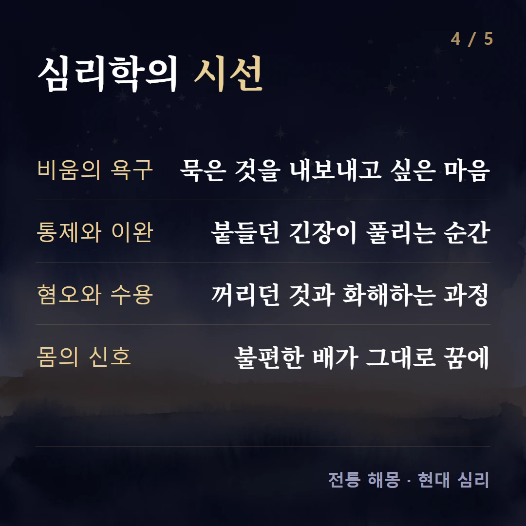 심리학의 시선 — 비움의 욕구 묵은 것을 내보내고 싶은 마음, 통제와 이완 붙들던 긴장이 풀리는 순간, 혐오와 수용 꺼리던 것과 화해하는 과정, 몸의 신호 불편한 배가 그대로 꿈에
