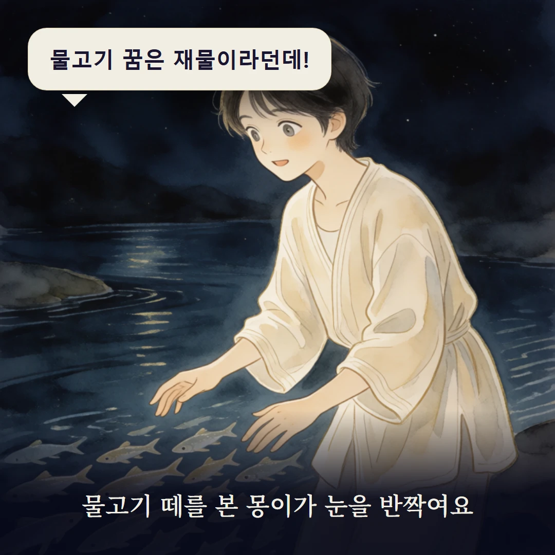 이야기 1컷 — 물고기 떼를 본 몽이가 눈을 반짝여요