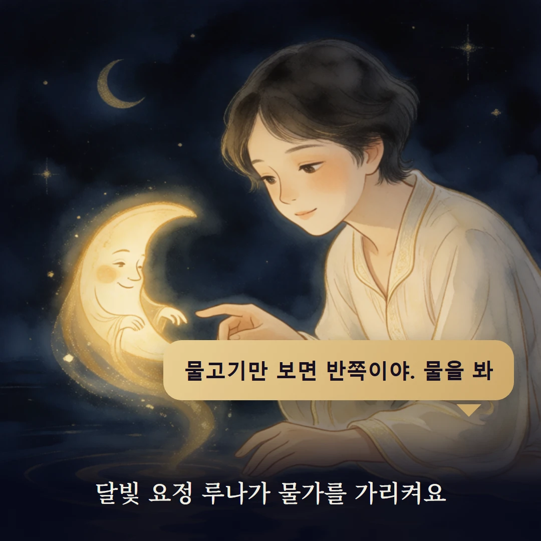 이야기 2컷 — 달빛 요정 루나가 물가를 가리켜요