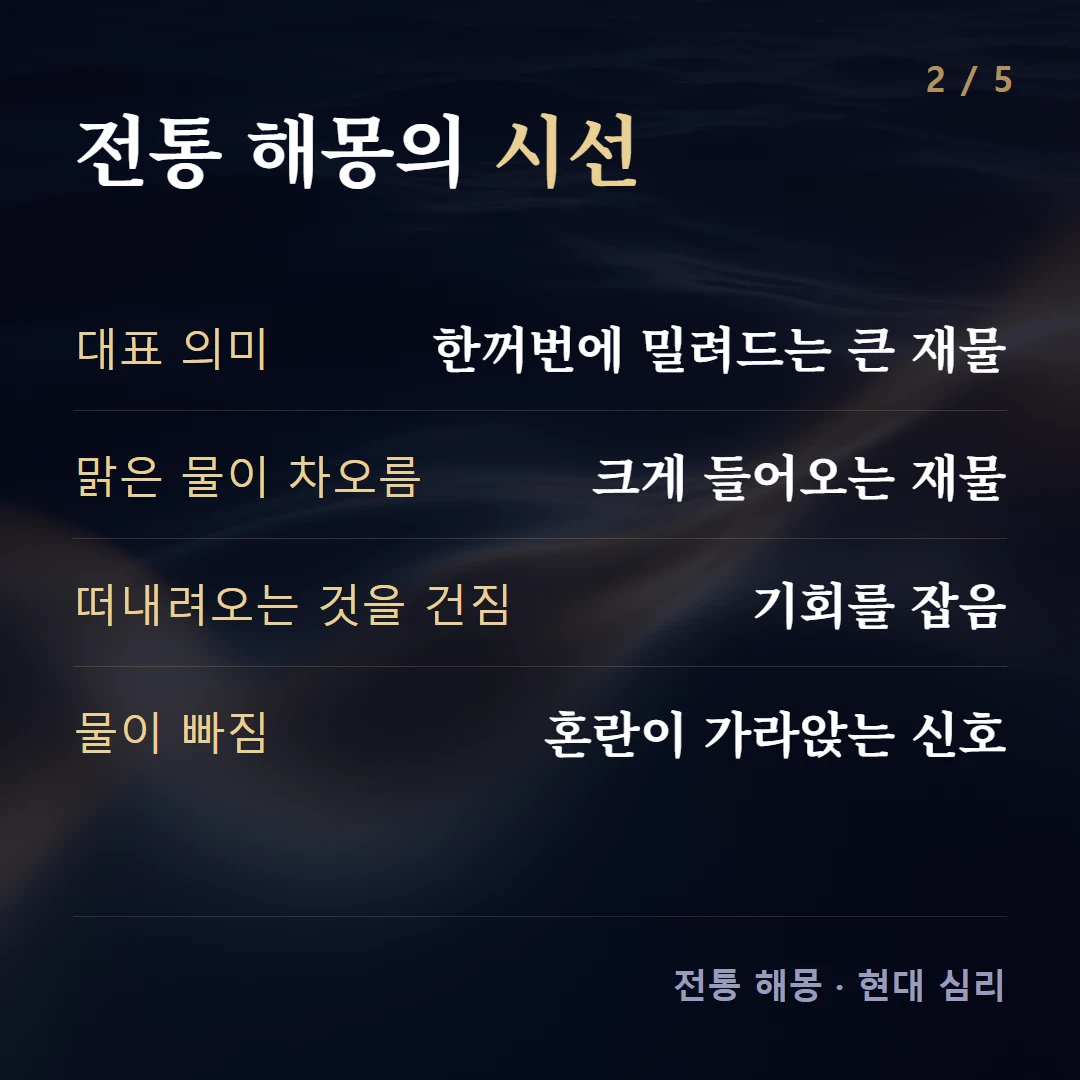 전통 해몽의 시선 — 대표 의미 한꺼번에 밀려드는 큰 재물, 맑은 물이 차오름 크게 들어오는 재물, 떠내려오는 것을 건짐 기회를 잡음, 물이 빠짐 혼란이 가라앉는 신호