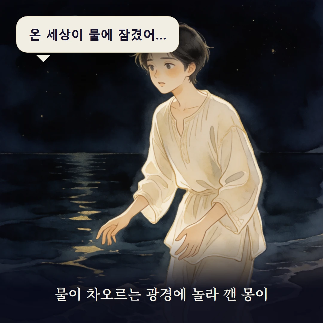 이야기 1컷 — 물이 차오르는 광경에 놀라 깬 몽이
