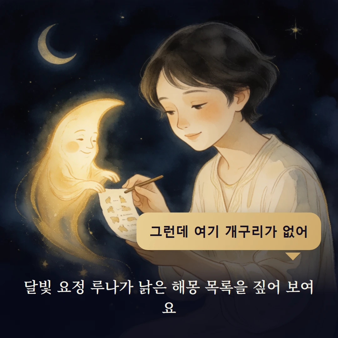 이야기 2컷 — 달빛 요정 루나가 낡은 해몽 목록을 짚어 보여요