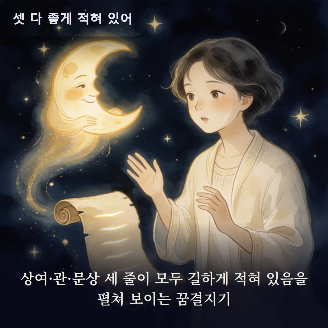 이야기 2컷 — 상여·관·문상 세 줄이 모두 길하게 적혀 있음을 펼쳐 보이는 꿈결지기