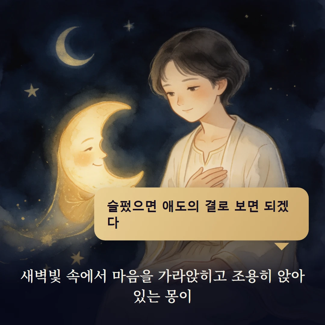 이야기 4컷 — 새벽빛 속에서 마음을 가라앉히고 조용히 앉아 있는 몽이