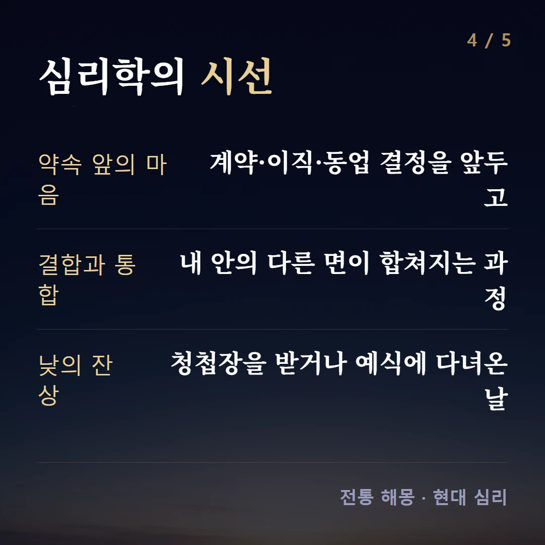 심리학의 시선 — 약속 앞의 마음 계약·이직·동업 결정을 앞두고, 결합과 통합 내 안의 다른 면이 합쳐지는 과정, 낮의 잔상 청첩장을 받거나 예식에 다녀온 날