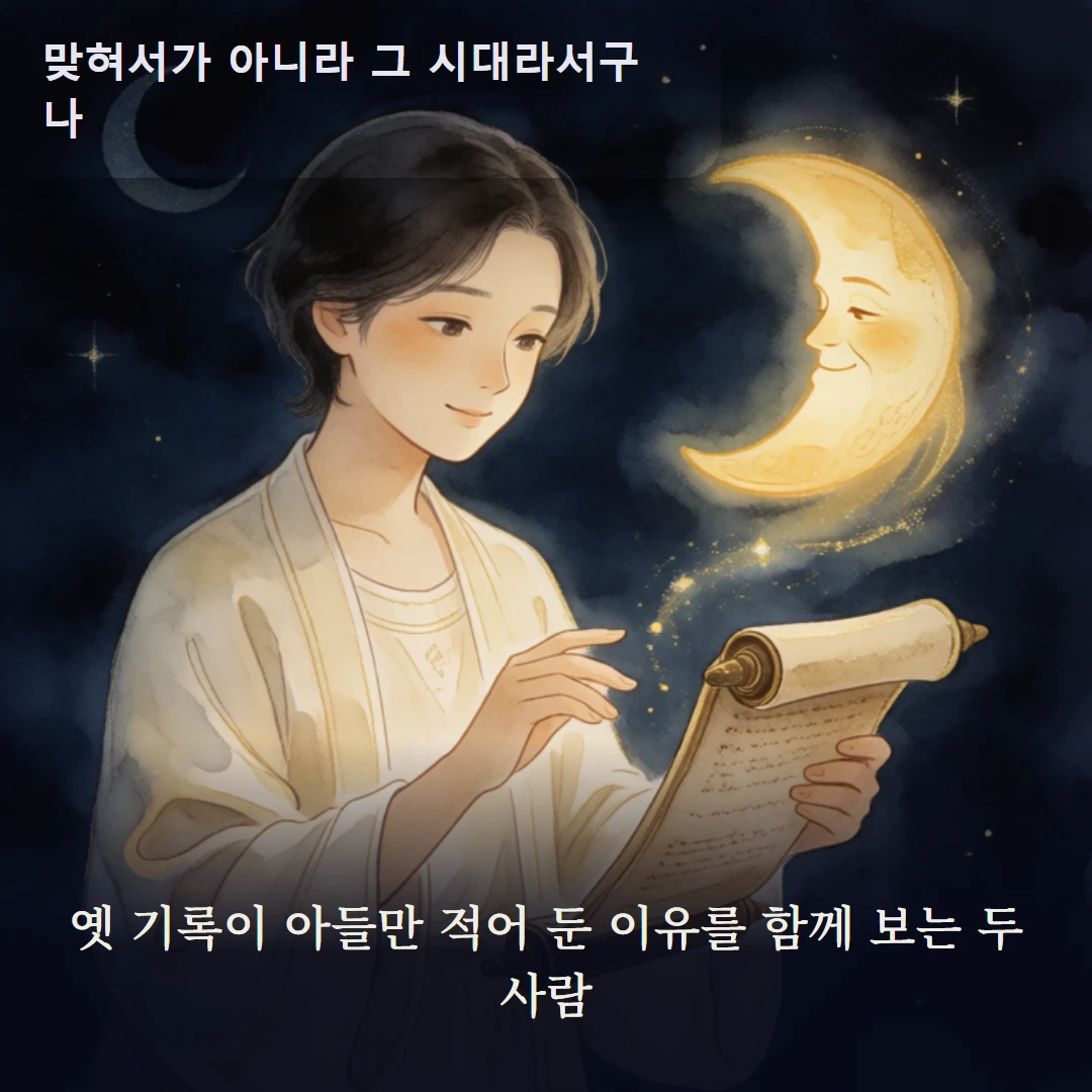 이야기 3컷 — 옛 기록이 아들만 적어 둔 이유를 함께 보는 두 사람
