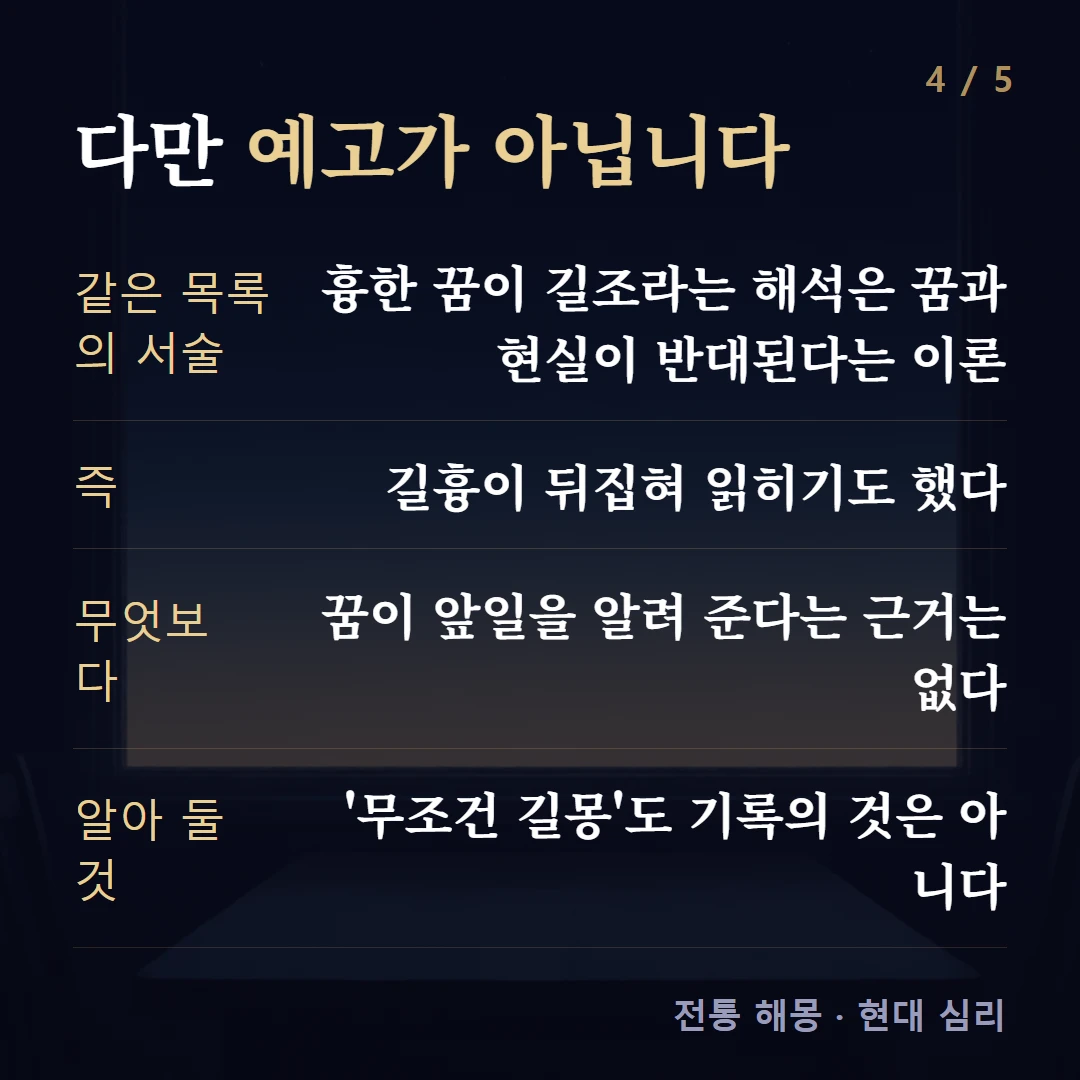다만 예고가 아닙니다 — 같은 목록의 서술 흉한 꿈이 길조라는 해석은 꿈과 현실이 반대된다는 이론, 즉 길흉이 뒤집혀 읽히기도 했다, 무엇보다 꿈이 앞일을 알려 준다는 근거는 없다, 알아 둘 것 '무조건 길몽'도 기록의 것은 아니다