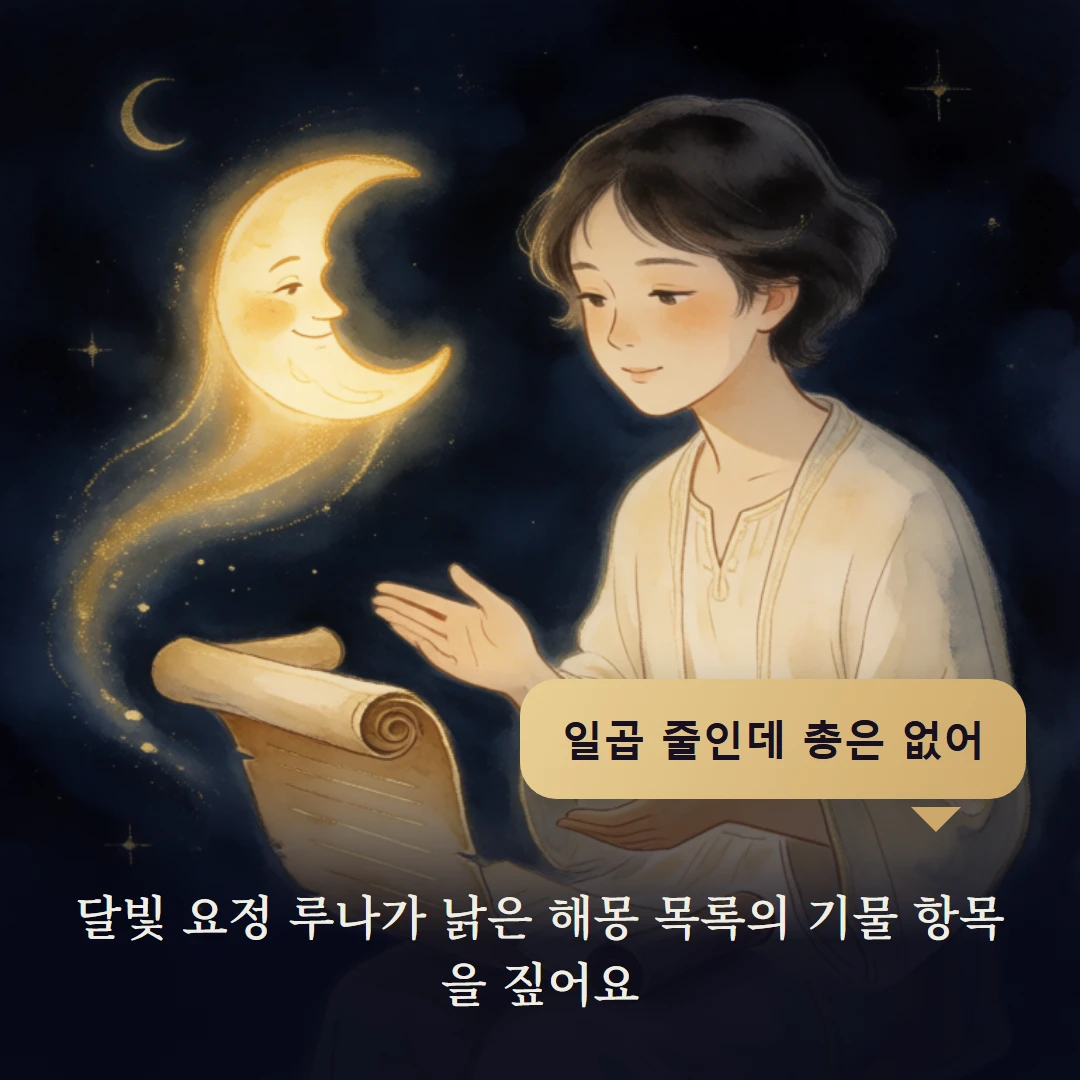 이야기 2컷 — 달빛 요정 루나가 낡은 해몽 목록의 기물 항목을 짚어요
