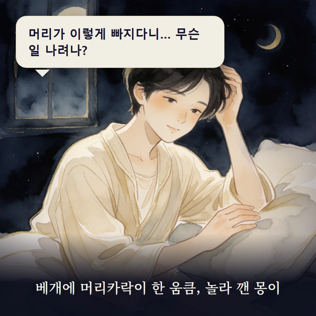 이야기 1컷 — 베개에 머리카락이 한 움큼, 놀라 깬 몽이