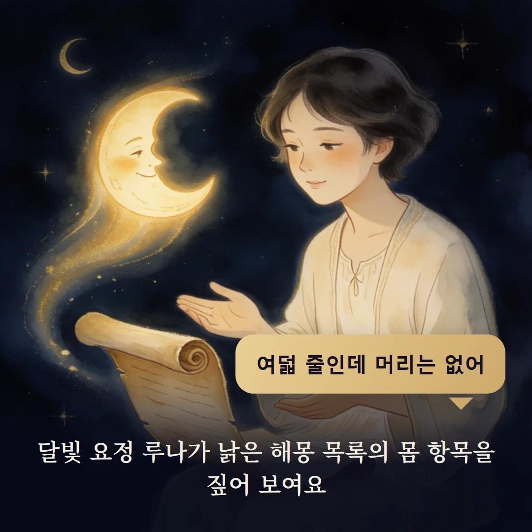 이야기 2컷 — 달빛 요정 루나가 낡은 해몽 목록의 몸 항목을 짚어 보여요