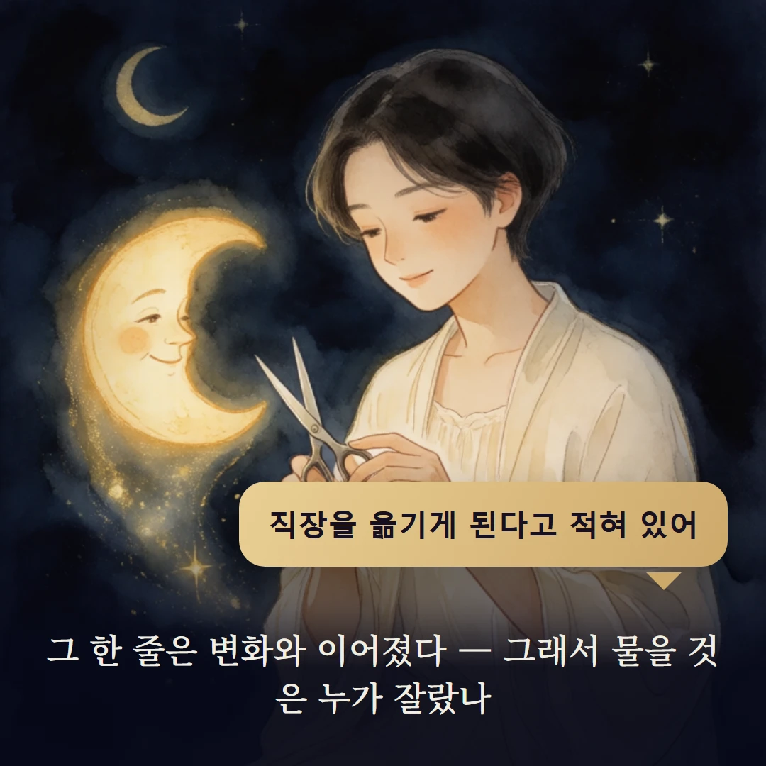 이야기 4컷 — 그 한 줄은 변화와 이어졌다 — 그래서 물을 것은 누가 잘랐나