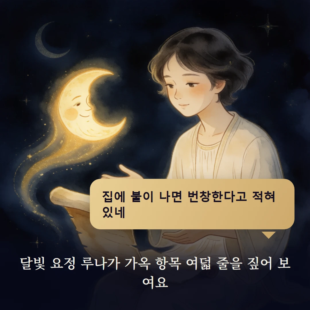 이야기 2컷 — 달빛 요정 루나가 가옥 항목 여덟 줄을 짚어 보여요