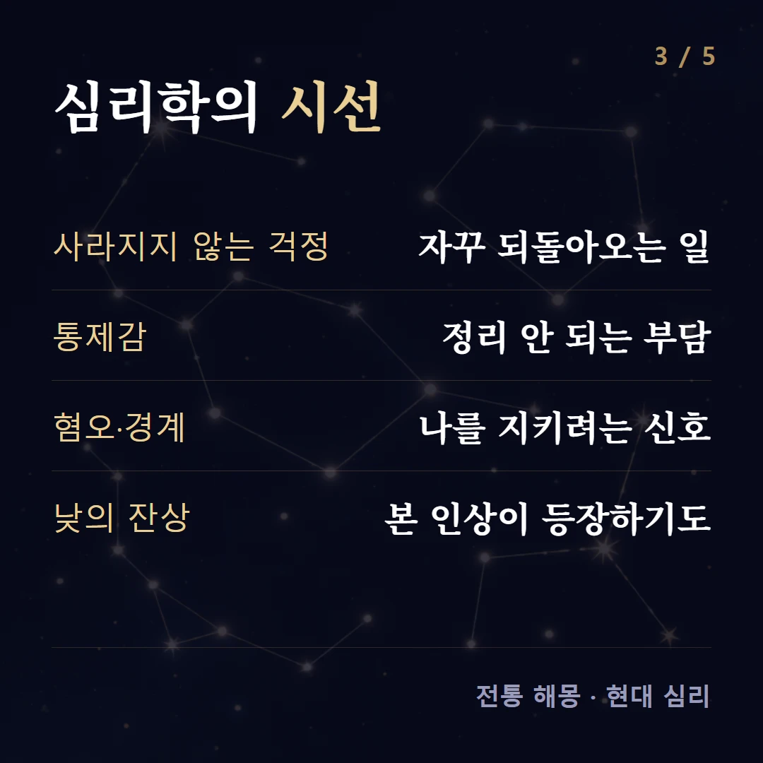 심리학의 시선 — 사라지지 않는 걱정 자꾸 되돌아오는 일, 통제감 정리 안 되는 부담, 혐오·경계 나를 지키려는 신호, 낮의 잔상 본 인상이 등장하기도