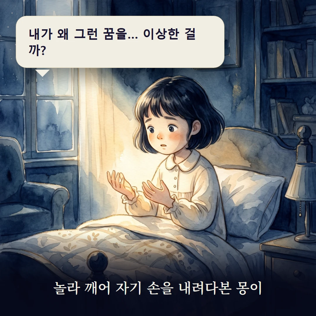 이야기 1컷 — 놀라 깨어 자기 손을 내려다본 몽이