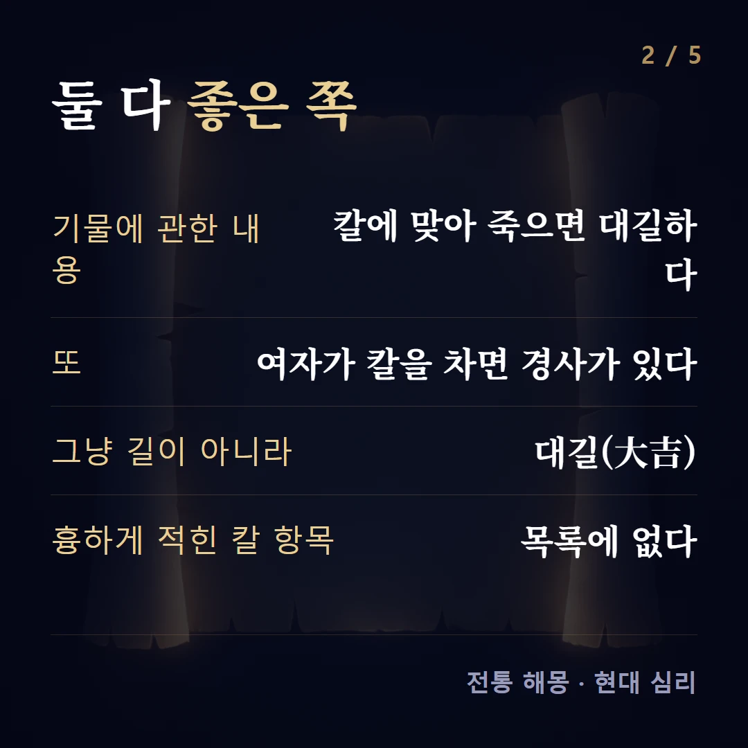 둘 다 좋은 쪽 — 기물에 관한 내용 칼에 맞아 죽으면 대길하다, 또 여자가 칼을 차면 경사가 있다, 그냥 길이 아니라 대길(大吉), 흉하게 적힌 칼 항목 목록에 없다