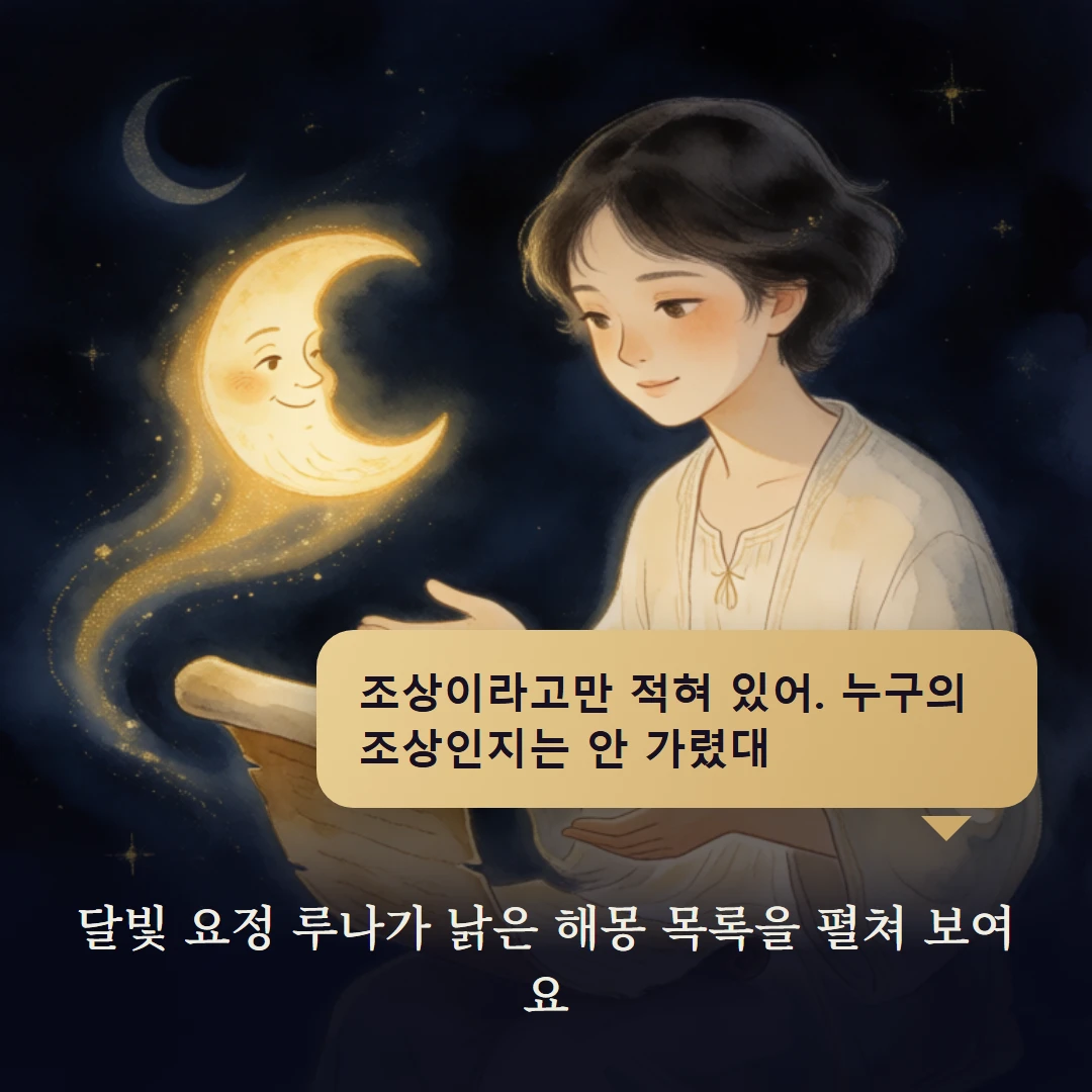 이야기 2컷 — 달빛 요정 루나가 낡은 해몽 목록을 펼쳐 보여요