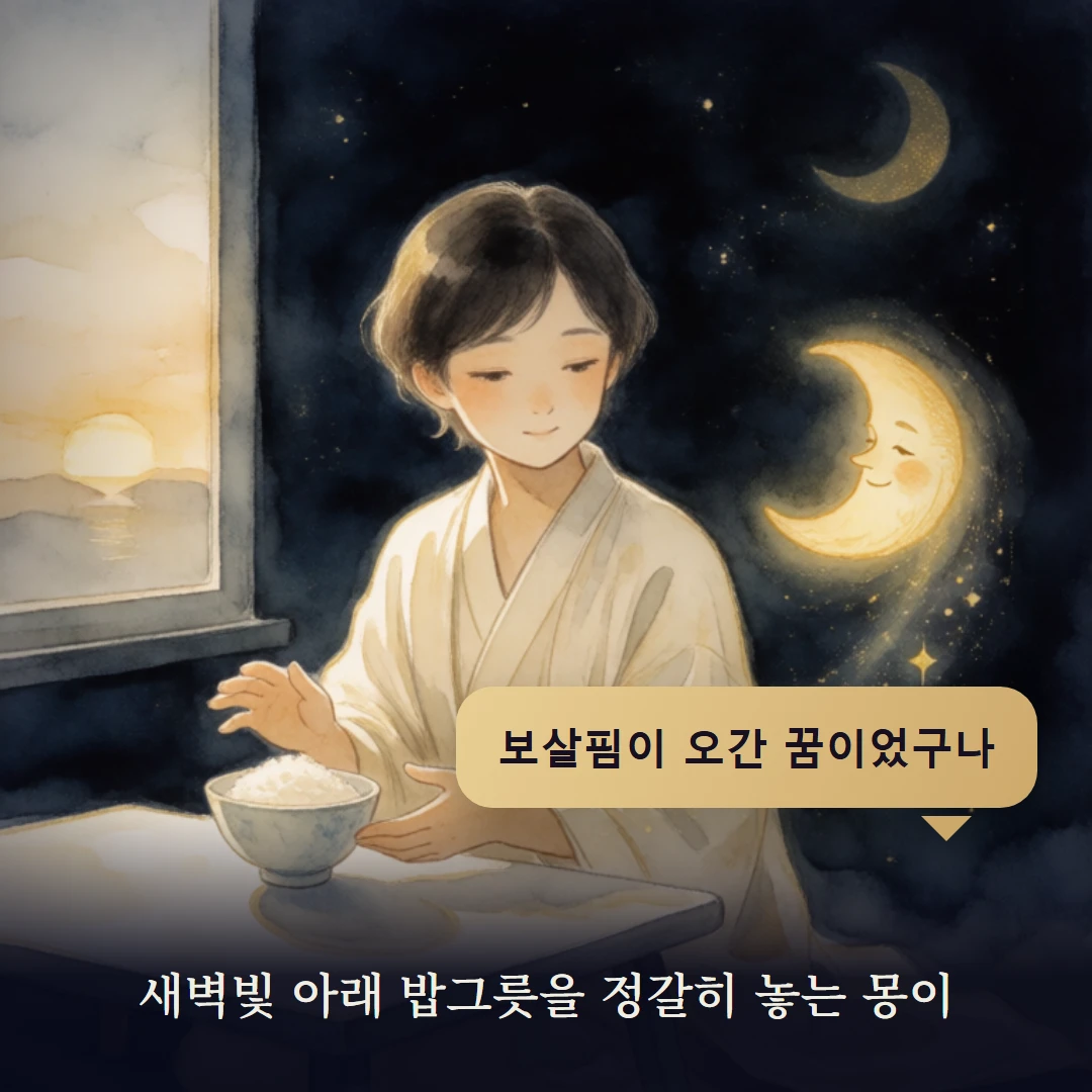 이야기 4컷 — 새벽빛 아래 밥그릇을 정갈히 놓는 몽이