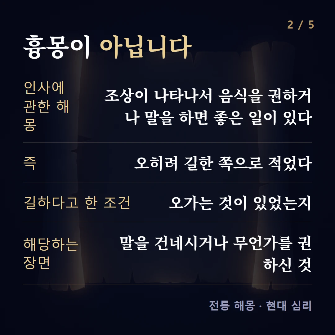 흉몽이 아닙니다 — 인사에 관한 해몽 조상이 나타나서 음식을 권하거나 말을 하면 좋은 일이 있다, 즉 오히려 길한 쪽으로 적었다, 길하다고 한 조건 오가는 것이 있었는지, 해당하는 장면 말을 건네시거나 무언가를 권하신 것