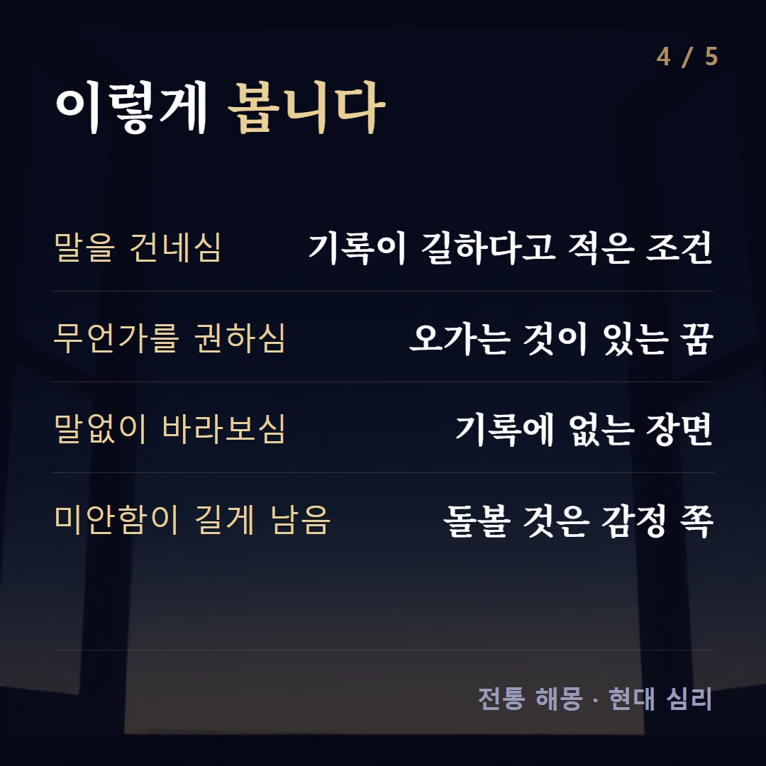 이렇게 봅니다 — 말을 건네심 기록이 길하다고 적은 조건, 무언가를 권하심 오가는 것이 있는 꿈, 말없이 바라보심 기록에 없는 장면, 미안함이 길게 남음 돌볼 것은 감정 쪽