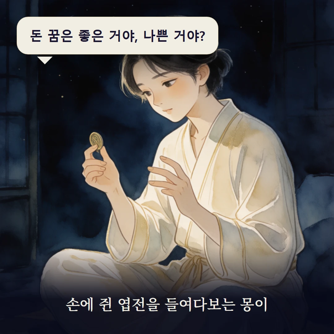이야기 1컷 — 손에 쥔 엽전을 들여다보는 몽이