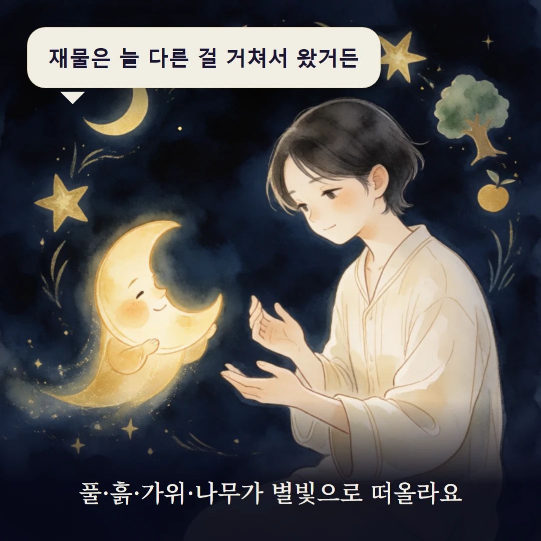 이야기 3컷 — 풀·흙·가위·나무가 별빛으로 떠올라요