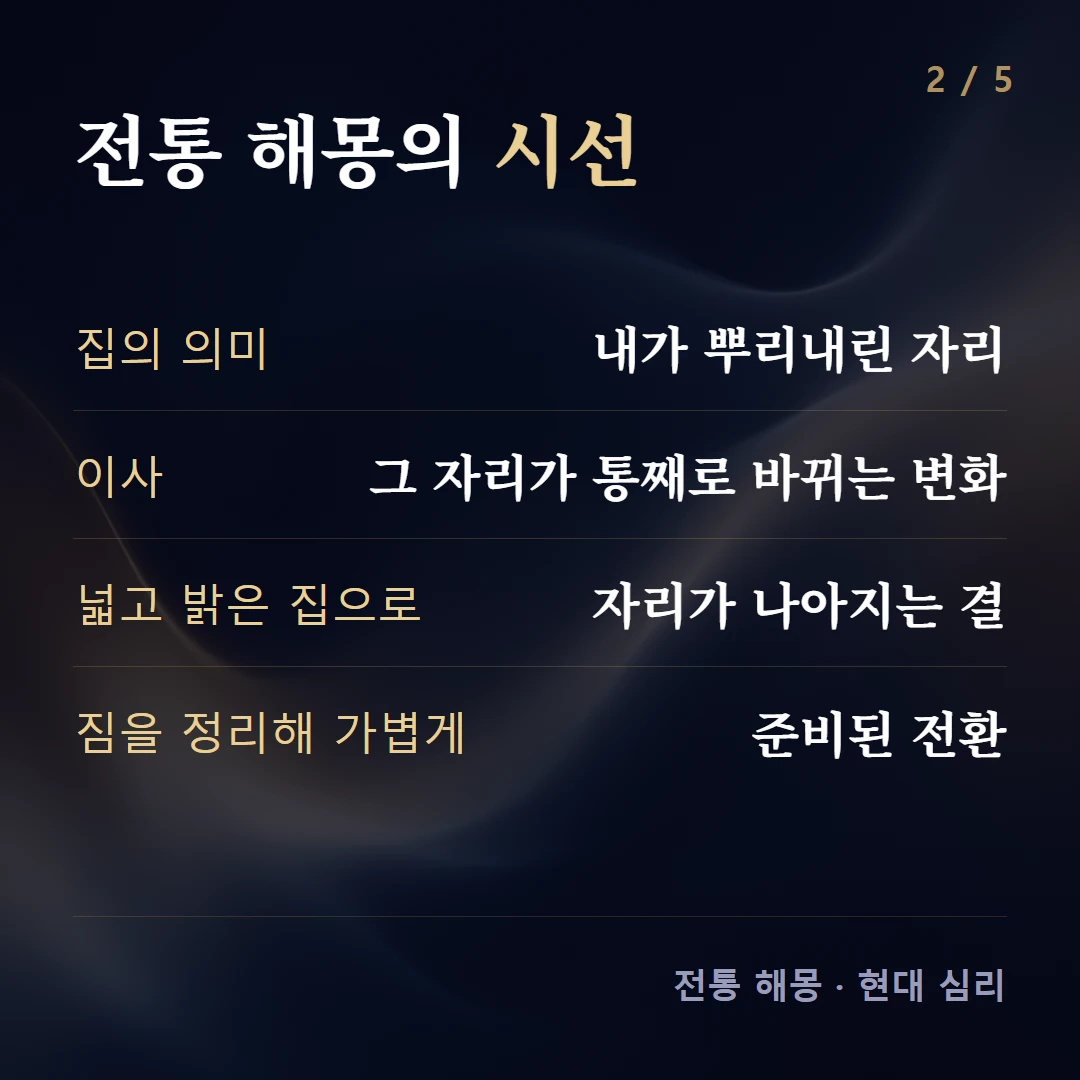 전통 해몽의 시선 — 집의 의미 내가 뿌리내린 자리, 이사 그 자리가 통째로 바뀌는 변화, 넓고 밝은 집으로 자리가 나아지는 결, 짐을 정리해 가볍게 준비된 전환