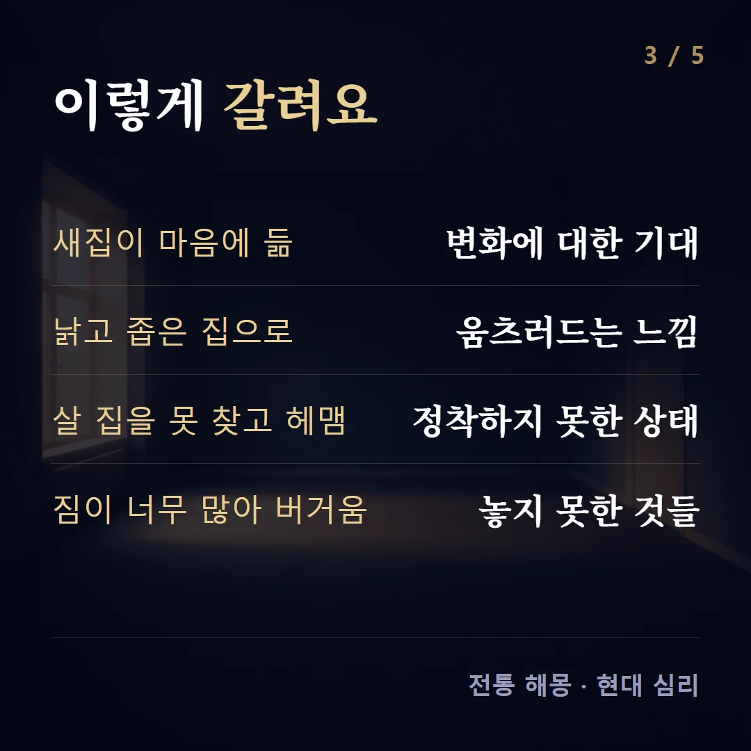이렇게 갈려요 — 새집이 마음에 듦 변화에 대한 기대, 낡고 좁은 집으로 움츠러드는 느낌, 살 집을 못 찾고 헤맴 정착하지 못한 상태, 짐이 너무 많아 버거움 놓지 못한 것들