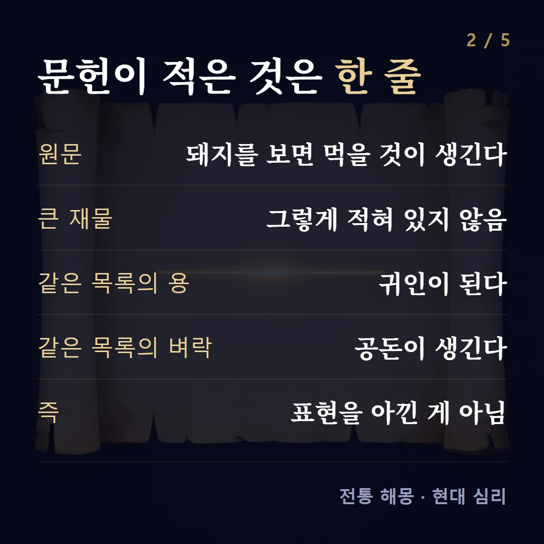 문헌이 적은 것은 한 줄 — 원문 돼지를 보면 먹을 것이 생긴다, 큰 재물 그렇게 적혀 있지 않음, 같은 목록의 용 귀인이 된다, 같은 목록의 벼락 공돈이 생긴다, 즉 표현을 아낀 게 아님