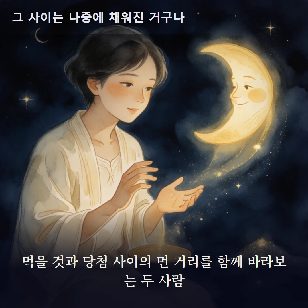 이야기 3컷 — 먹을 것과 당첨 사이의 먼 거리를 함께 바라보는 두 사람