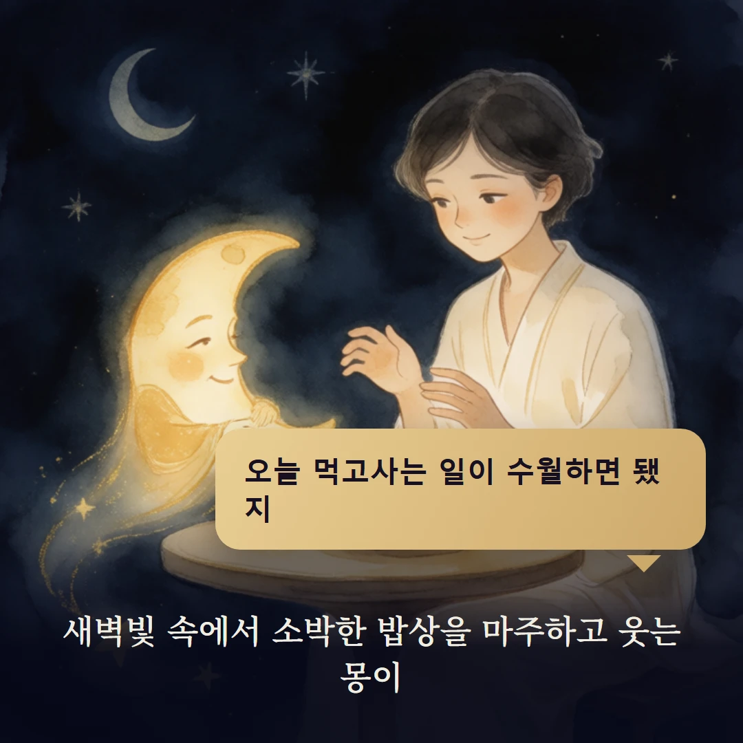 이야기 4컷 — 새벽빛 속에서 소박한 밥상을 마주하고 웃는 몽이