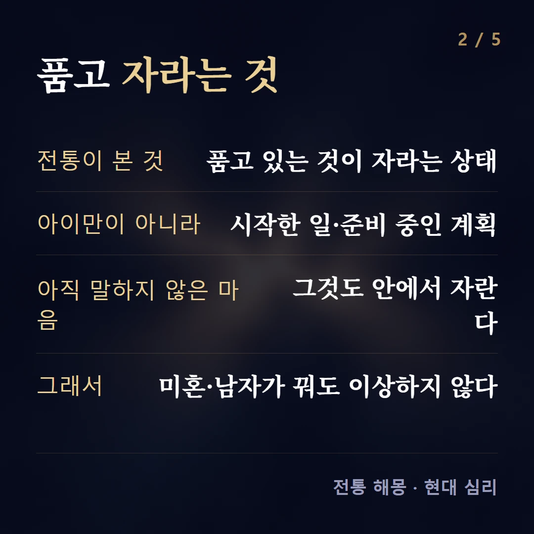 품고 자라는 것 — 전통이 본 것 품고 있는 것이 자라는 상태, 아이만이 아니라 시작한 일·준비 중인 계획, 아직 말하지 않은 마음 그것도 안에서 자란다, 그래서 미혼·남자가 꿔도 이상하지 않다