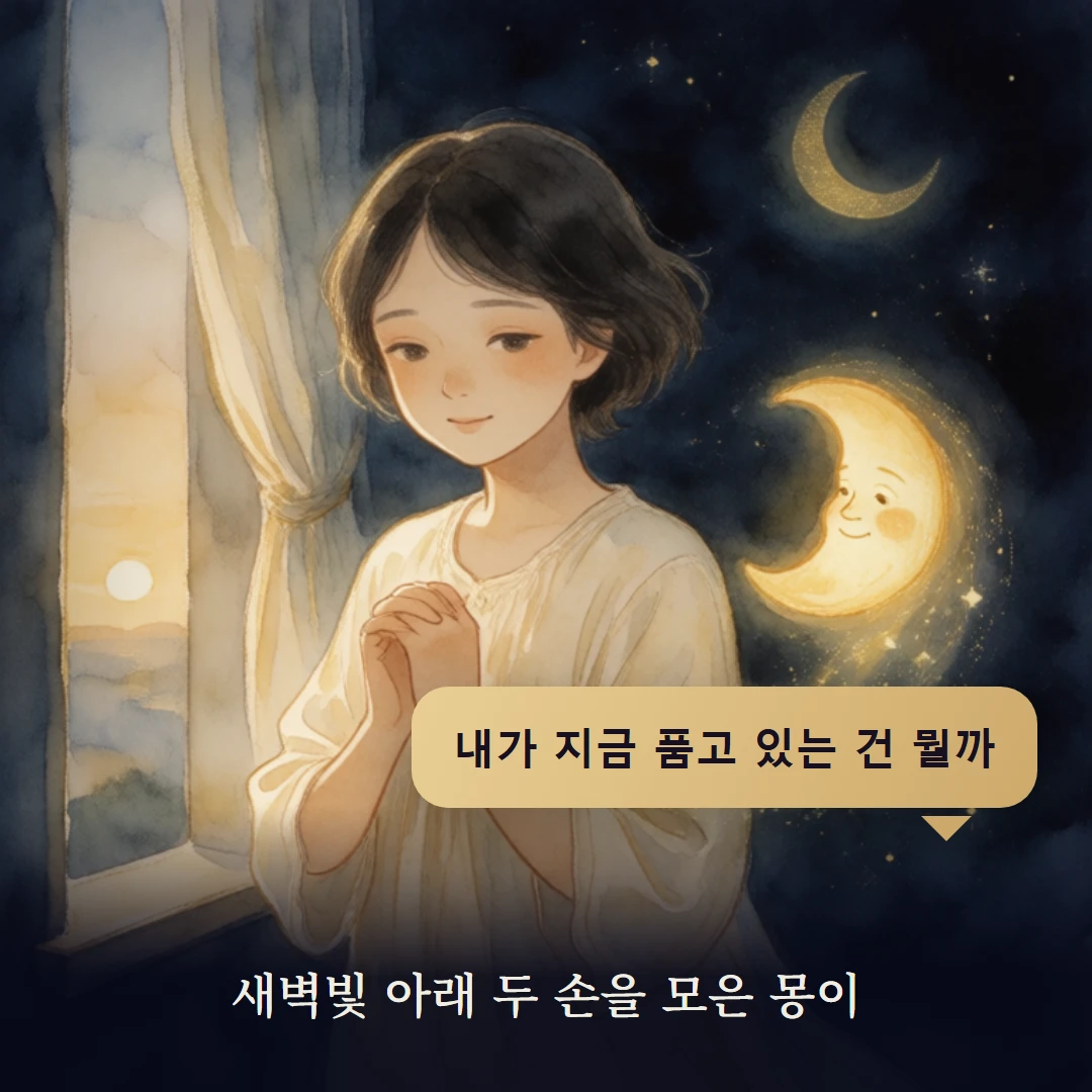 이야기 4컷 — 새벽빛 아래 두 손을 모은 몽이