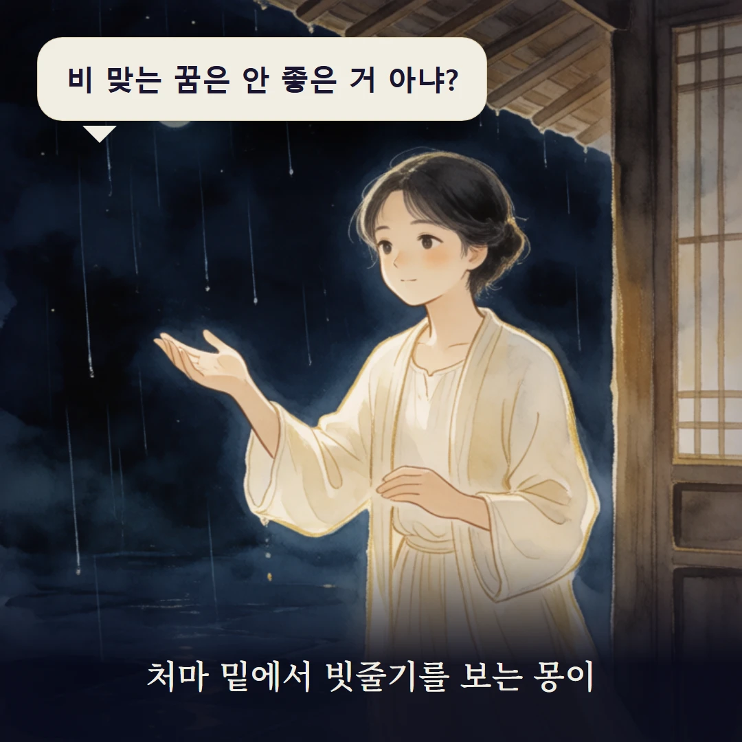 이야기 1컷 — 처마 밑에서 빗줄기를 보는 몽이