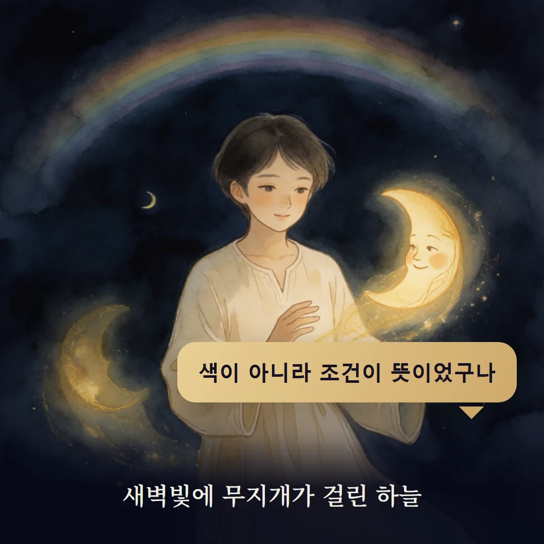 이야기 4컷 — 새벽빛에 무지개가 걸린 하늘