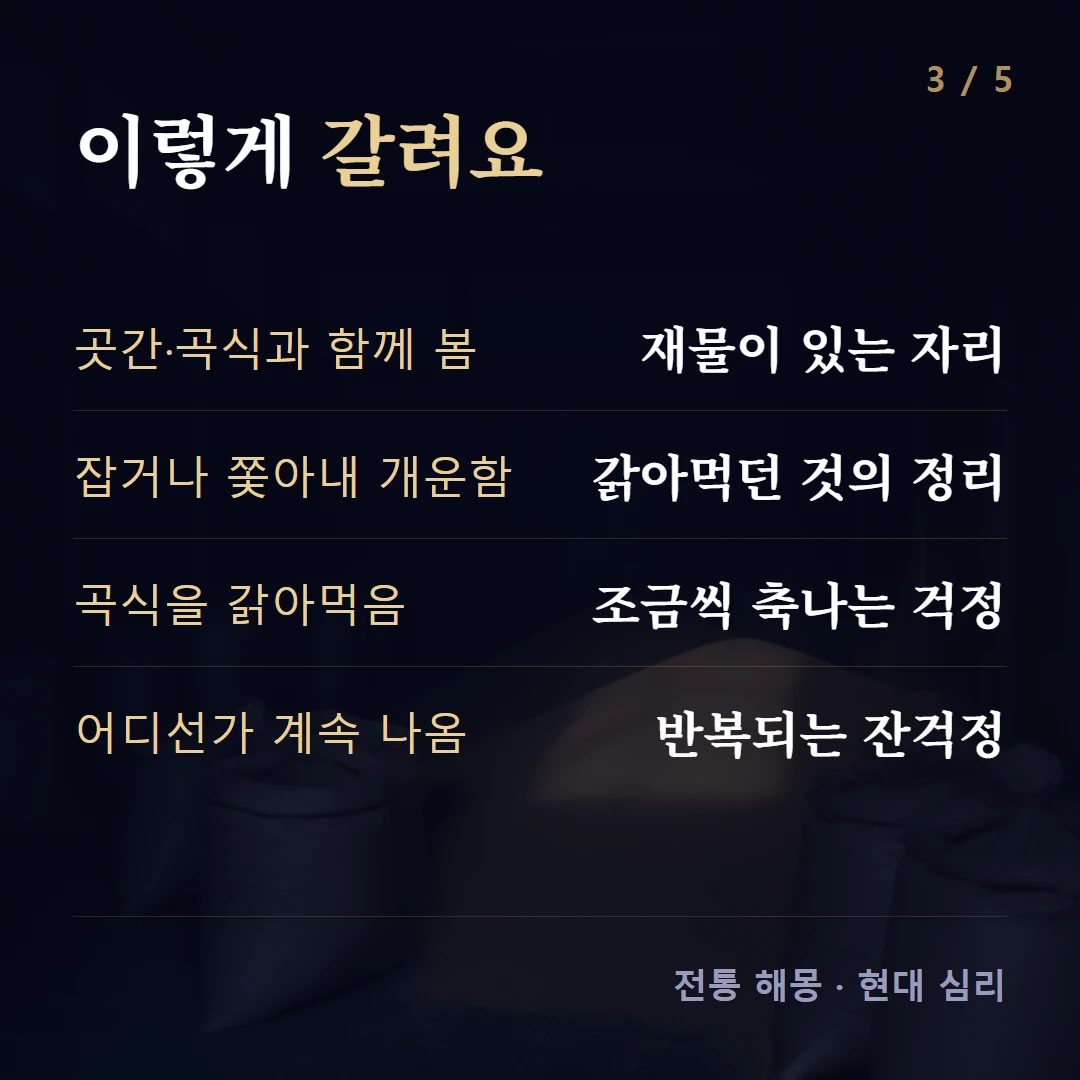 이렇게 갈려요 — 곳간·곡식과 함께 봄 재물이 있는 자리, 잡거나 쫓아내 개운함 갉아먹던 것의 정리, 곡식을 갉아먹음 조금씩 축나는 걱정, 어디선가 계속 나옴 반복되는 잔걱정