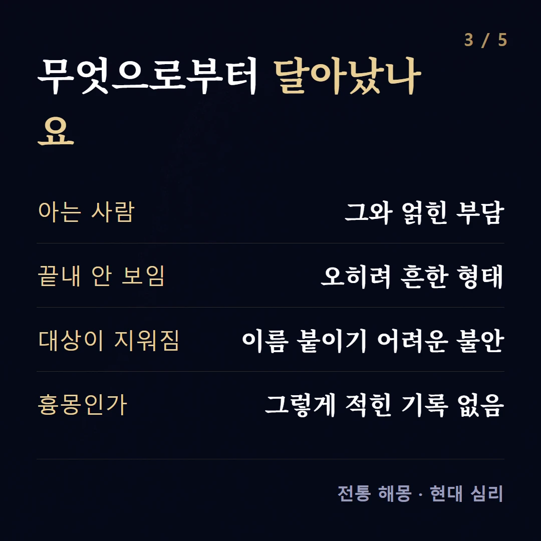 무엇으로부터 달아났나요 — 아는 사람 그와 얽힌 부담, 끝내 안 보임 오히려 흔한 형태, 대상이 지워짐 이름 붙이기 어려운 불안, 흉몽인가 그렇게 적힌 기록 없음