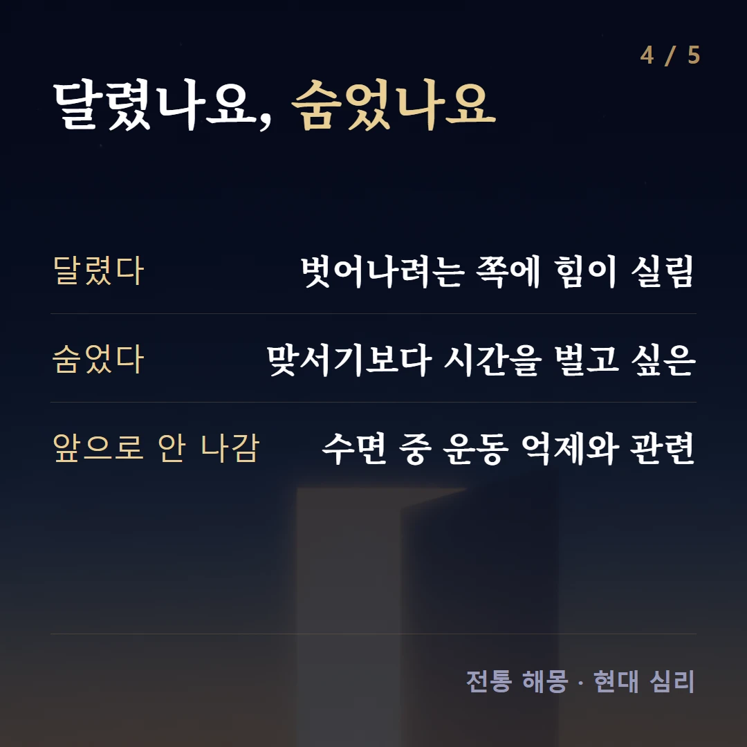 달렸나요, 숨었나요 — 달렸다 벗어나려는 쪽에 힘이 실림, 숨었다 맞서기보다 시간을 벌고 싶은, 앞으로 안 나감 수면 중 운동 억제와 관련