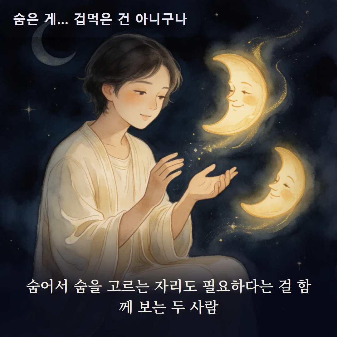 이야기 3컷 — 숨어서 숨을 고르는 자리도 필요하다는 걸 함께 보는 두 사람