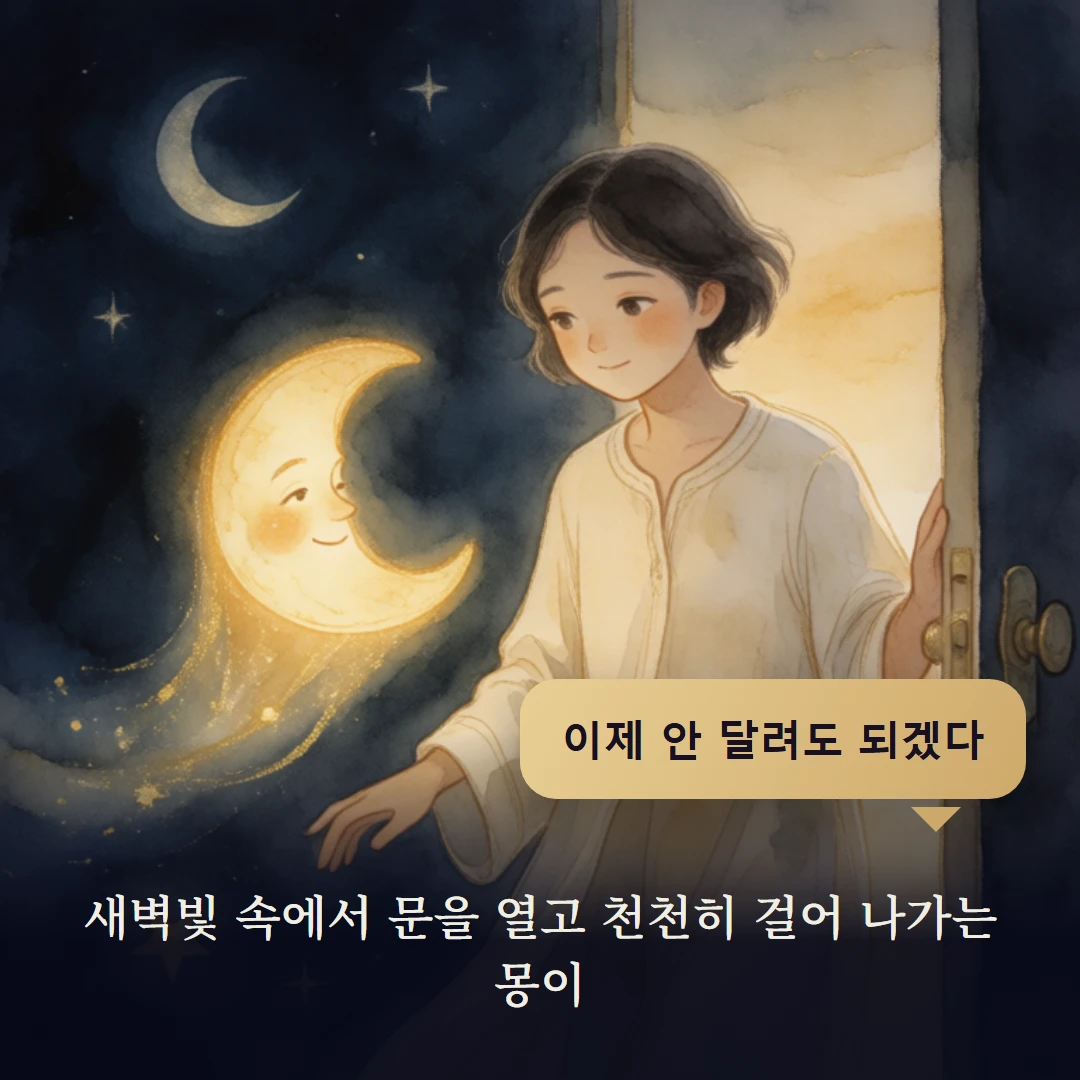 이야기 4컷 — 새벽빛 속에서 문을 열고 천천히 걸어 나가는 몽이