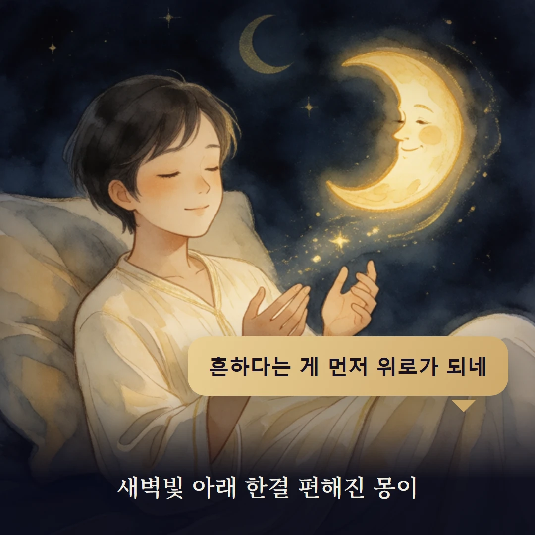 이야기 4컷 — 새벽빛 아래 한결 편해진 몽이