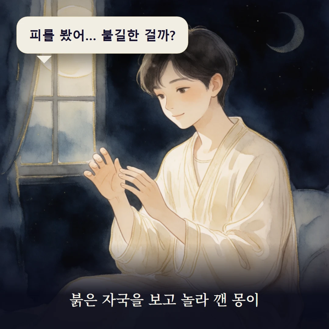 이야기 1컷 — 붉은 자국을 보고 놀라 깬 몽이