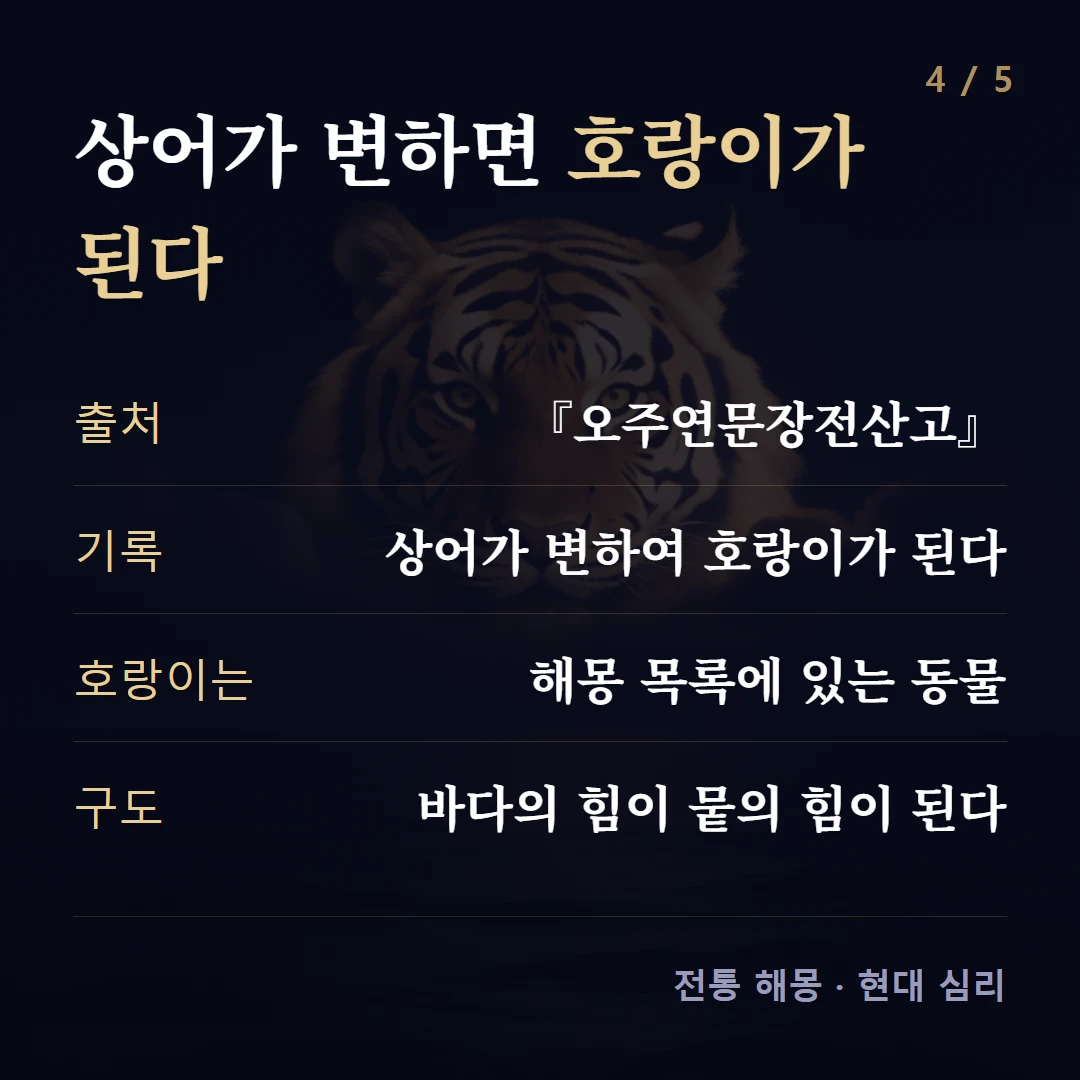 상어가 변하면 호랑이가 된다 — 출처 『오주연문장전산고』, 기록 상어가 변하여 호랑이가 된다, 호랑이는 해몽 목록에 있는 동물, 구도 바다의 힘이 뭍의 힘이 된다