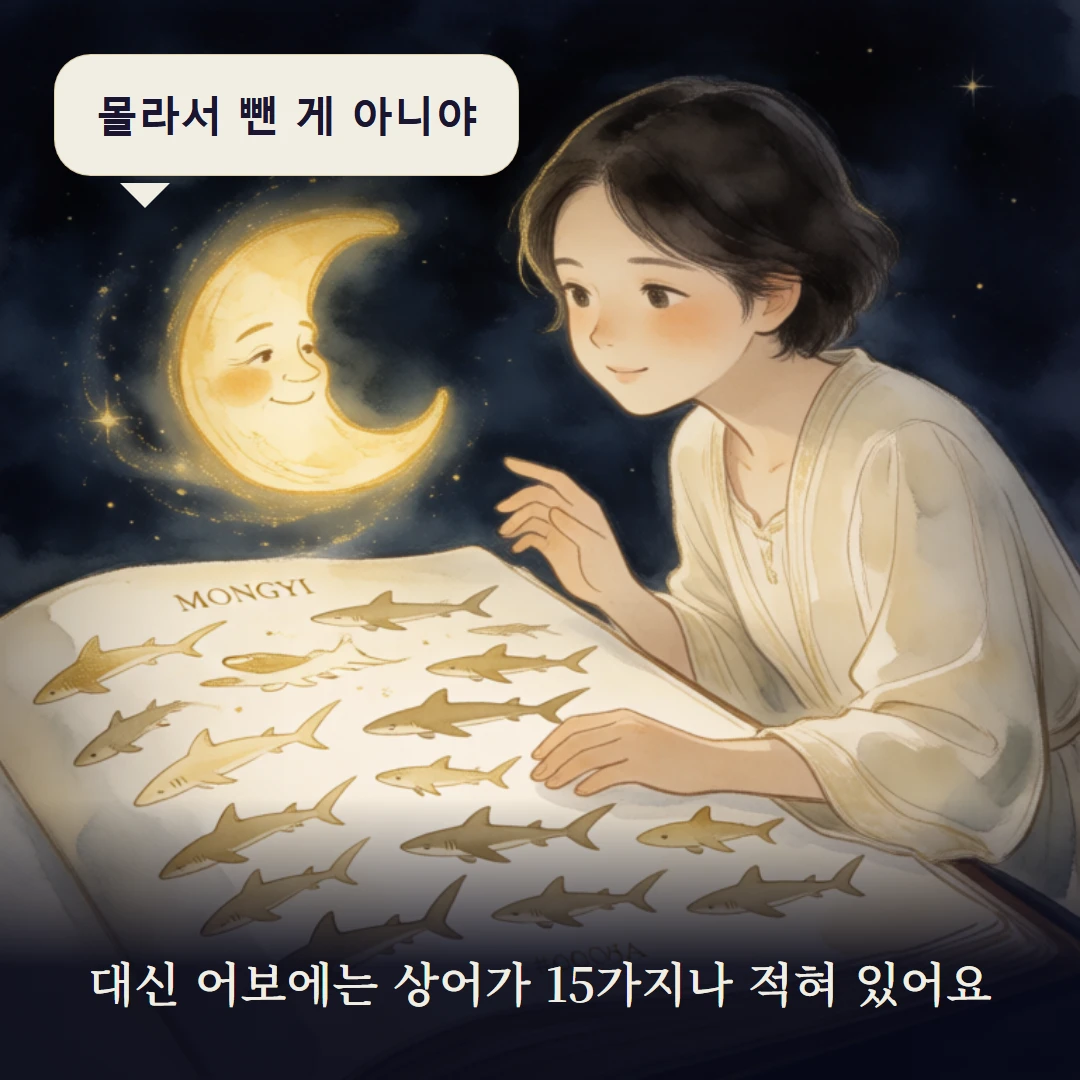 이야기 3컷 — 대신 어보에는 상어가 15가지나 적혀 있어요