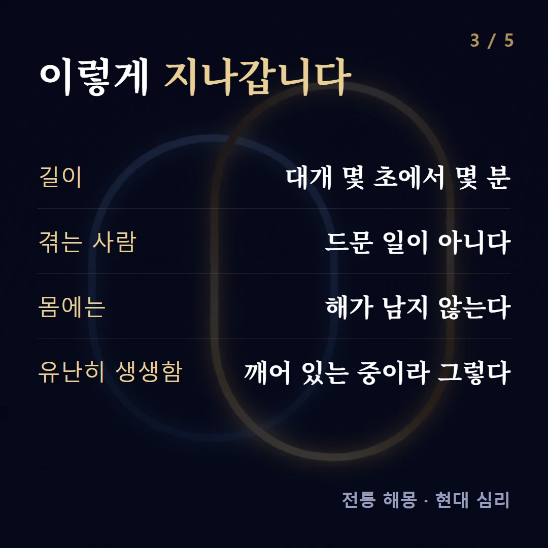 이렇게 지나갑니다 — 길이 대개 몇 초에서 몇 분, 겪는 사람 드문 일이 아니다, 몸에는 해가 남지 않는다, 유난히 생생함 깨어 있는 중이라 그렇다