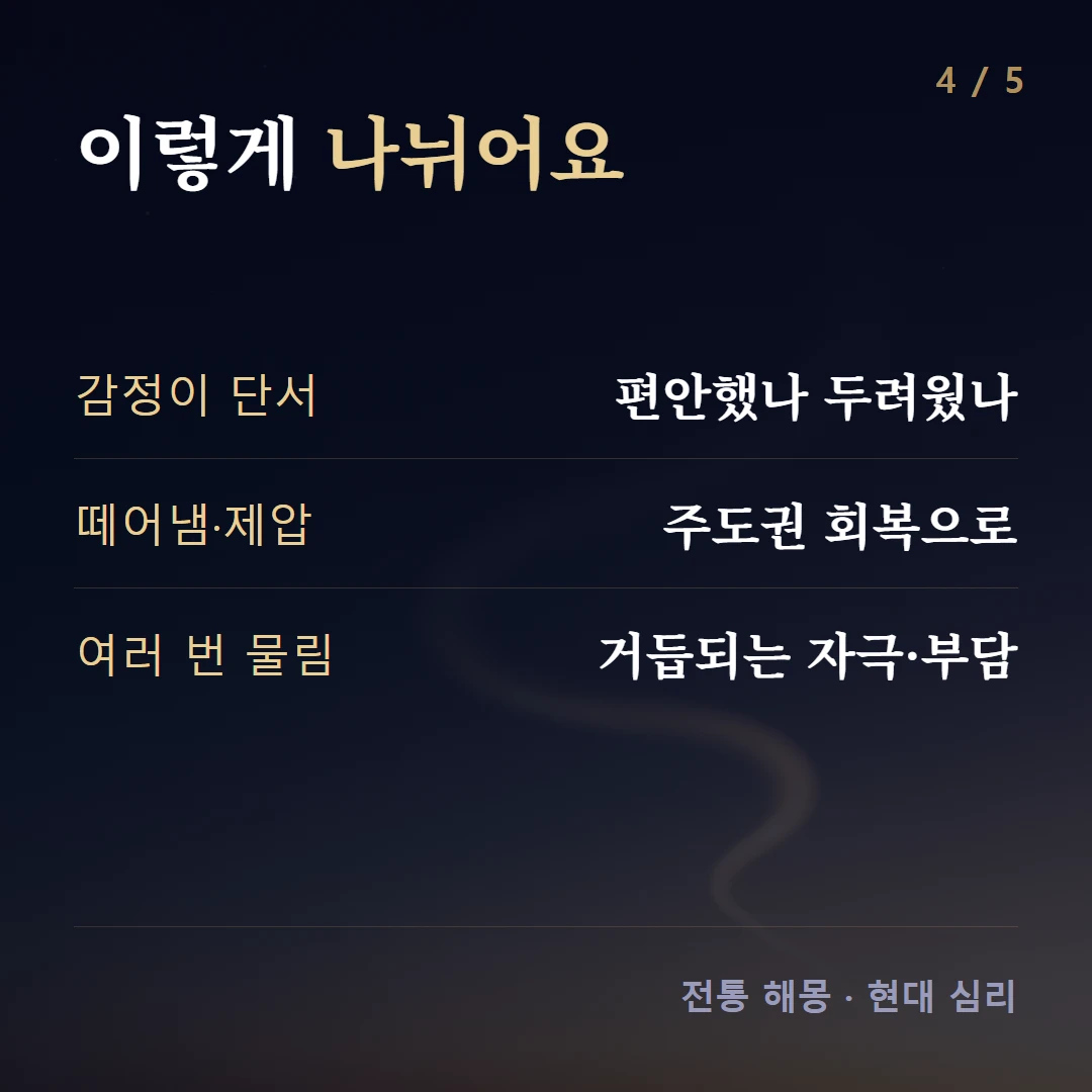 이렇게 나뉘어요 — 감정이 단서 편안했나 두려웠나, 떼어냄·제압 주도권 회복으로, 여러 번 물림 거듭되는 자극·부담