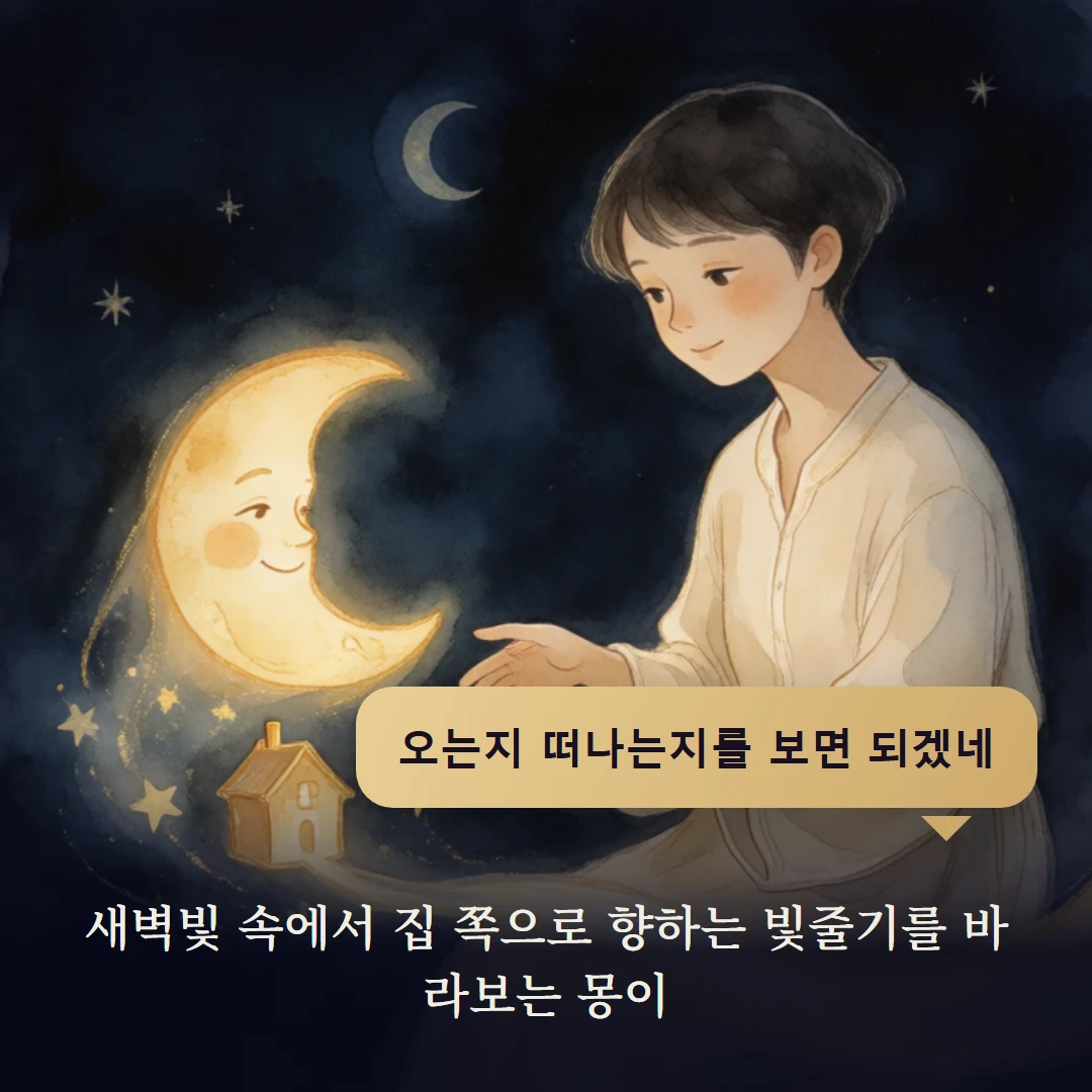 이야기 4컷 — 새벽빛 속에서 집 쪽으로 향하는 빛줄기를 바라보는 몽이