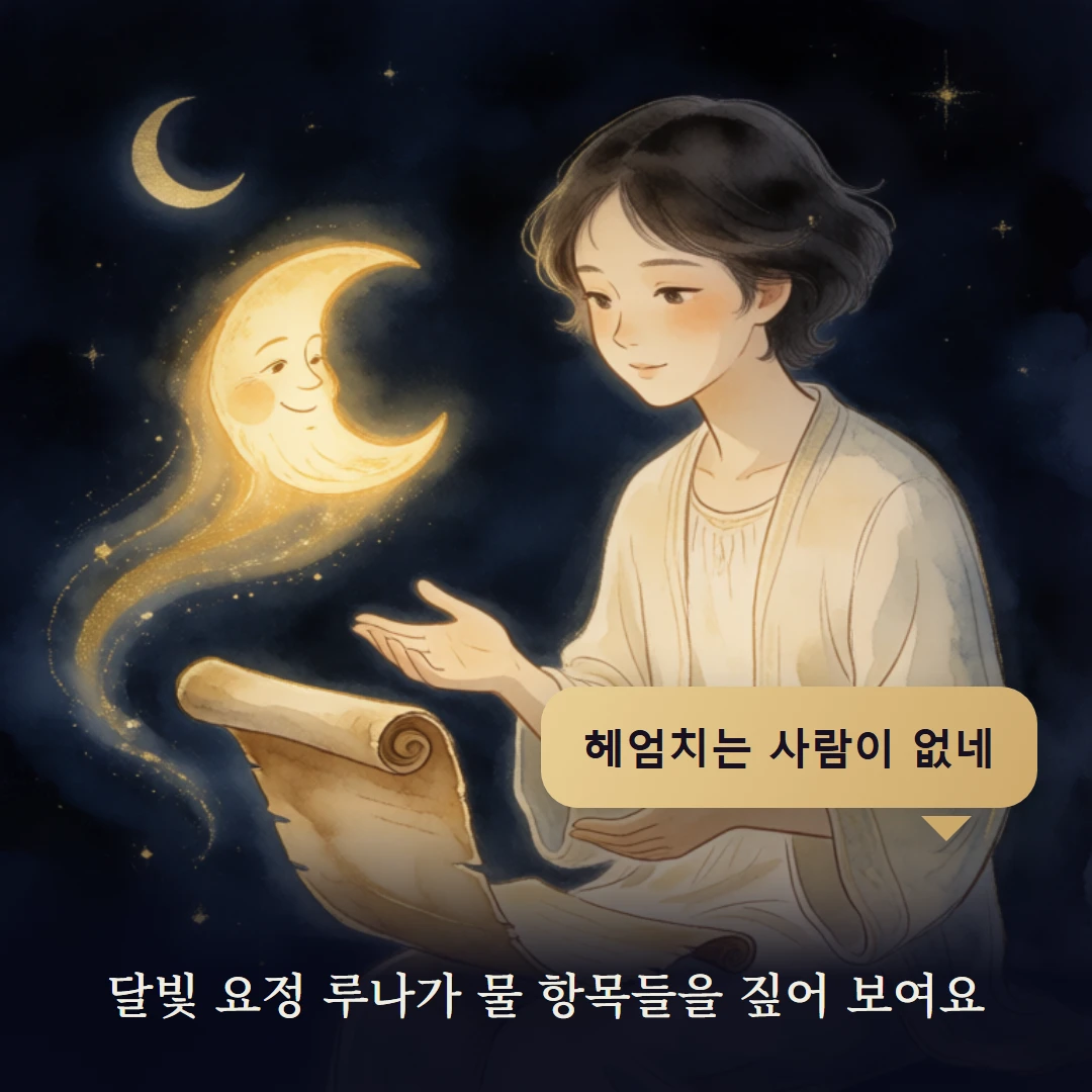 이야기 2컷 — 달빛 요정 루나가 물 항목들을 짚어 보여요