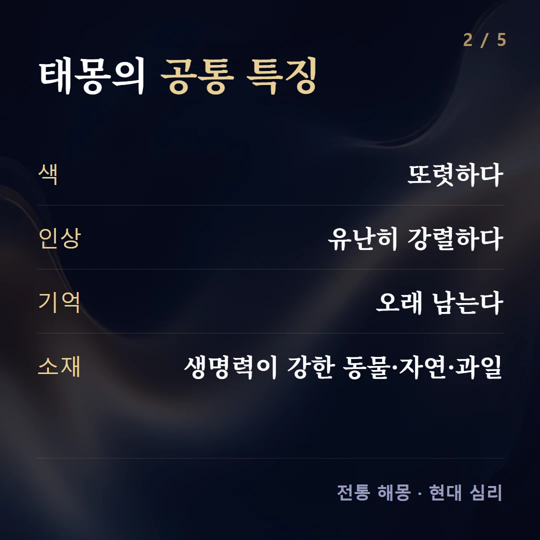 태몽의 공통 특징 — 색 또렷하다, 인상 유난히 강렬하다, 기억 오래 남는다, 소재 생명력이 강한 동물·자연·과일