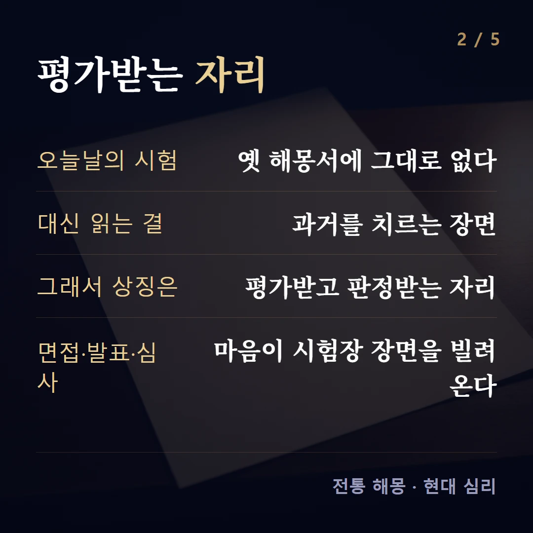 평가받는 자리 — 오늘날의 시험 옛 해몽서에 그대로 없다, 대신 읽는 결 과거를 치르는 장면, 그래서 상징은 평가받고 판정받는 자리, 면접·발표·심사 마음이 시험장 장면을 빌려 온다